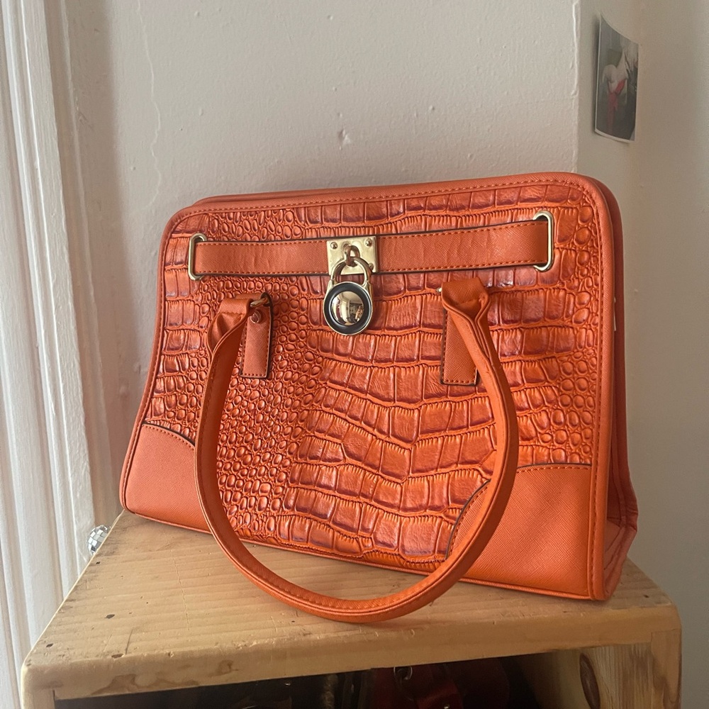 Orange Crocodile-Embossed Satchel with Structured Handles